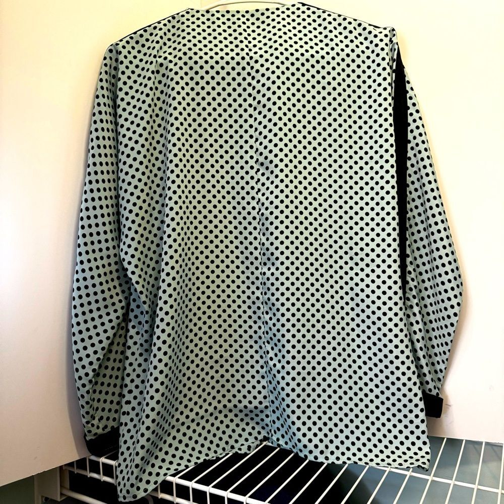 Vintage Leslie Fay Aqua Black Polka Dot Rhinestone Blouse Retro 80s 8 - Picture 5 of 7